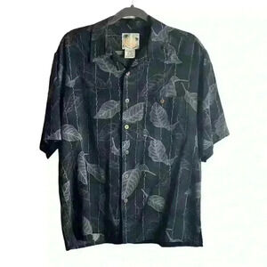 Banana Cabana Hawaiian Mens Size Large Black Floral Silk Button Up Trave…